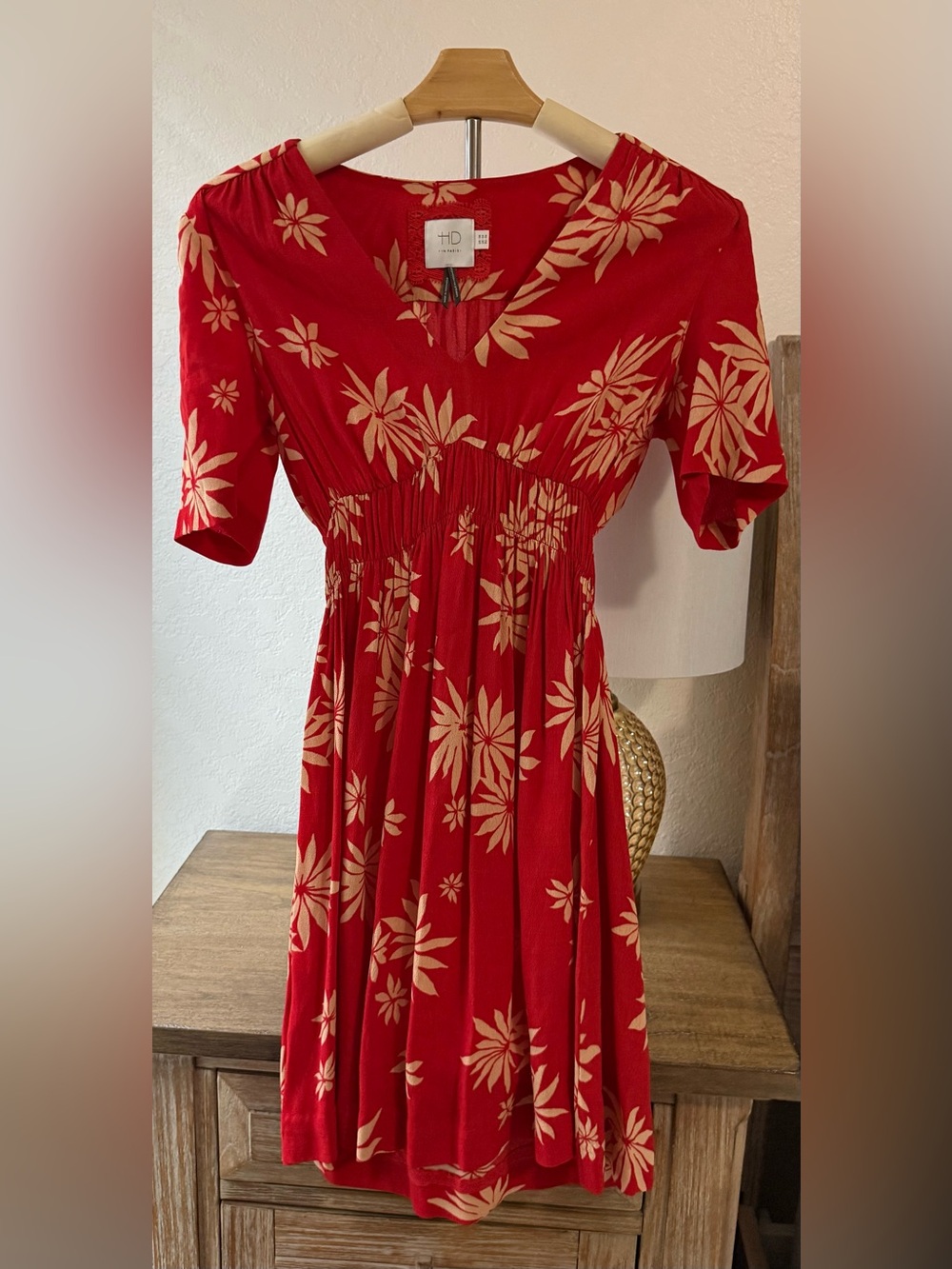 Anthropologie HD Red Floral Midi Dress with Gold-Tan Print- Size Small